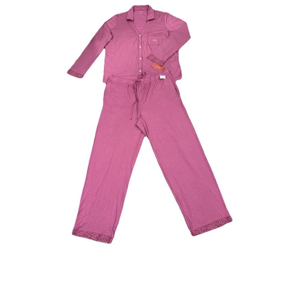 State of Day Macy’s Pink Lace Trim Collared Pajama Set 2PC Button Top Pants M - Picture 2 of 7